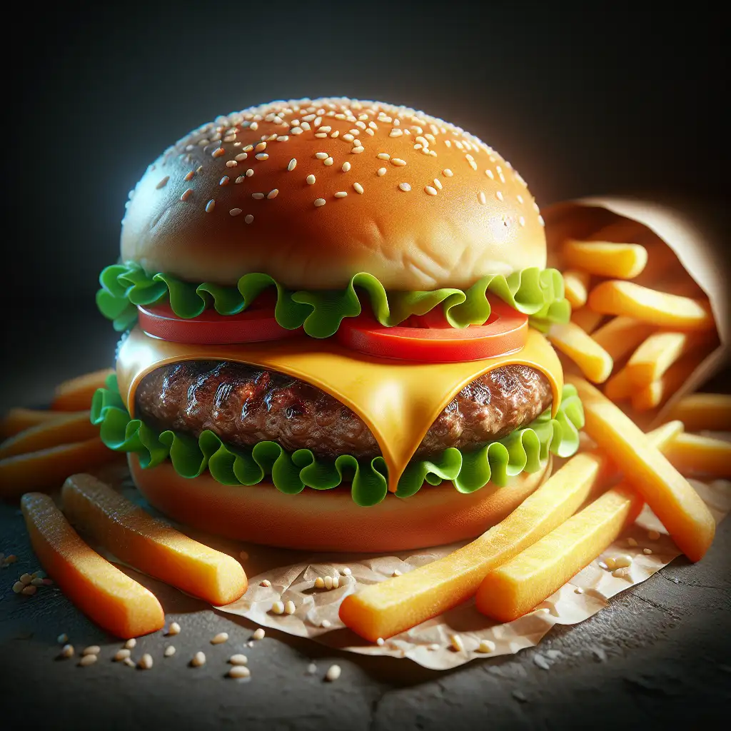 A photo-realistic image of a juicy cheeseburger with melted cheese, fresh lettuce, ripe tomatoes, and a toasted sesame seed bun, served with a side of golden French fries.