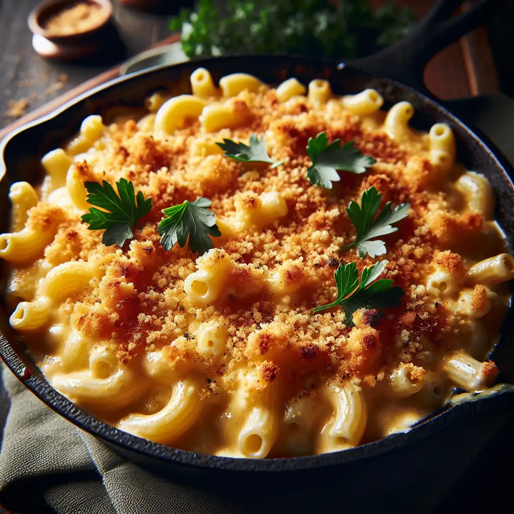 A photo showing a creamy, golden baked macaroni and cheese dish topped with breadcrumbs and parsley, served in a cast iron skillet.