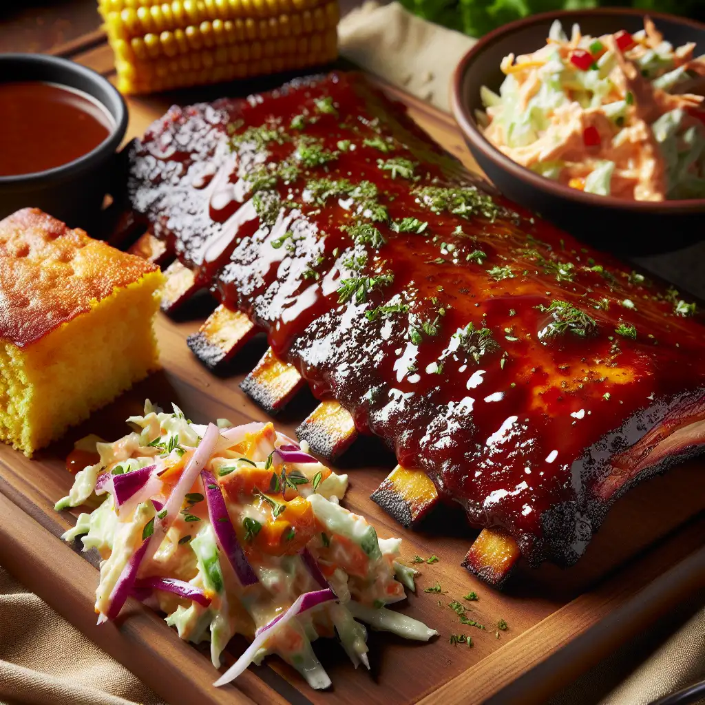 A sizzling slab of BBQ ribs dripping with a sticky, caramelized sauce, garnished with chopped fresh herbs and served with a side of cornbread and coleslaw.