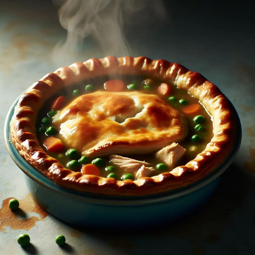 A golden and flaky chicken pot pie with steam rising from the bubbling filling, nestled in a deep pie dish.