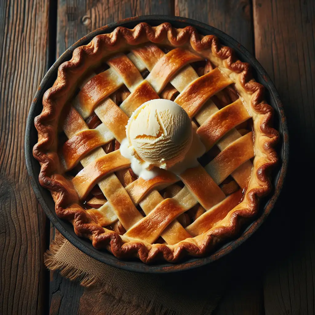 A golden brown apple pie with a lattice crust, fresh out of the oven, sitting on a rustic wooden table with a scoop of vanilla ice cream melting on top.