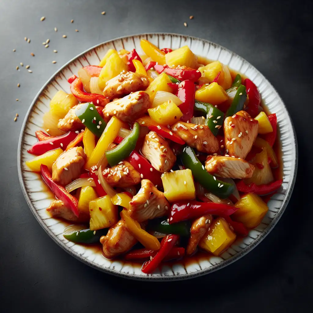 A delicious plate of sweet and sour chicken stir-fry with colorful bell peppers and pineapple chunks, garnished with sesame seeds.