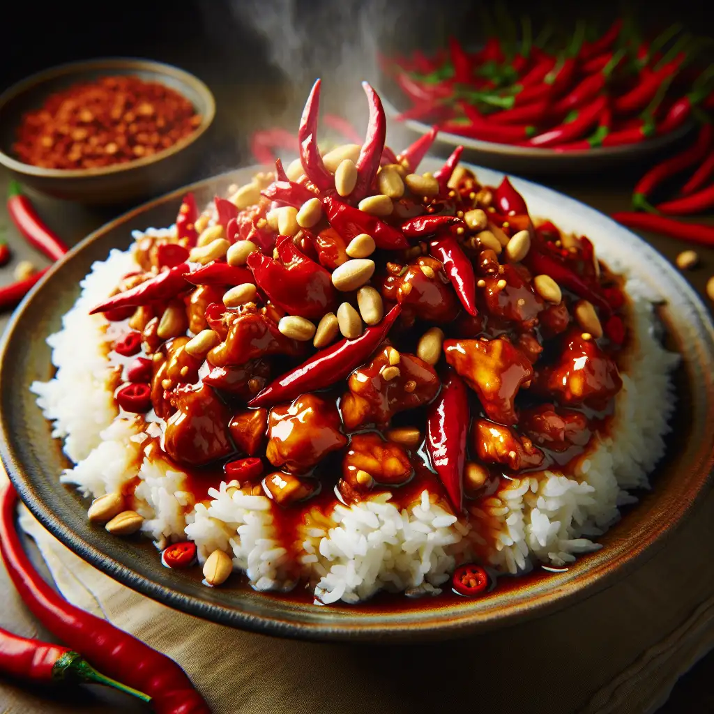 A delicious plate of Kung Pao Chicken garnished with vibrant red chili peppers and peanuts, served over a bed of steamed rice.