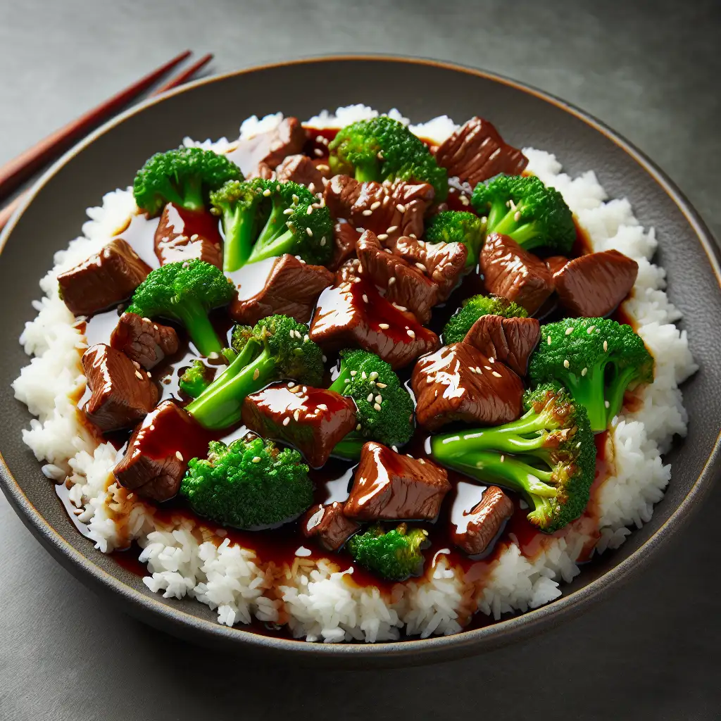 A sizzling stir-fry of tender beef slices and vibrant green broccoli florets tossed in a glossy savory sauce, served over a bed of steamed rice.