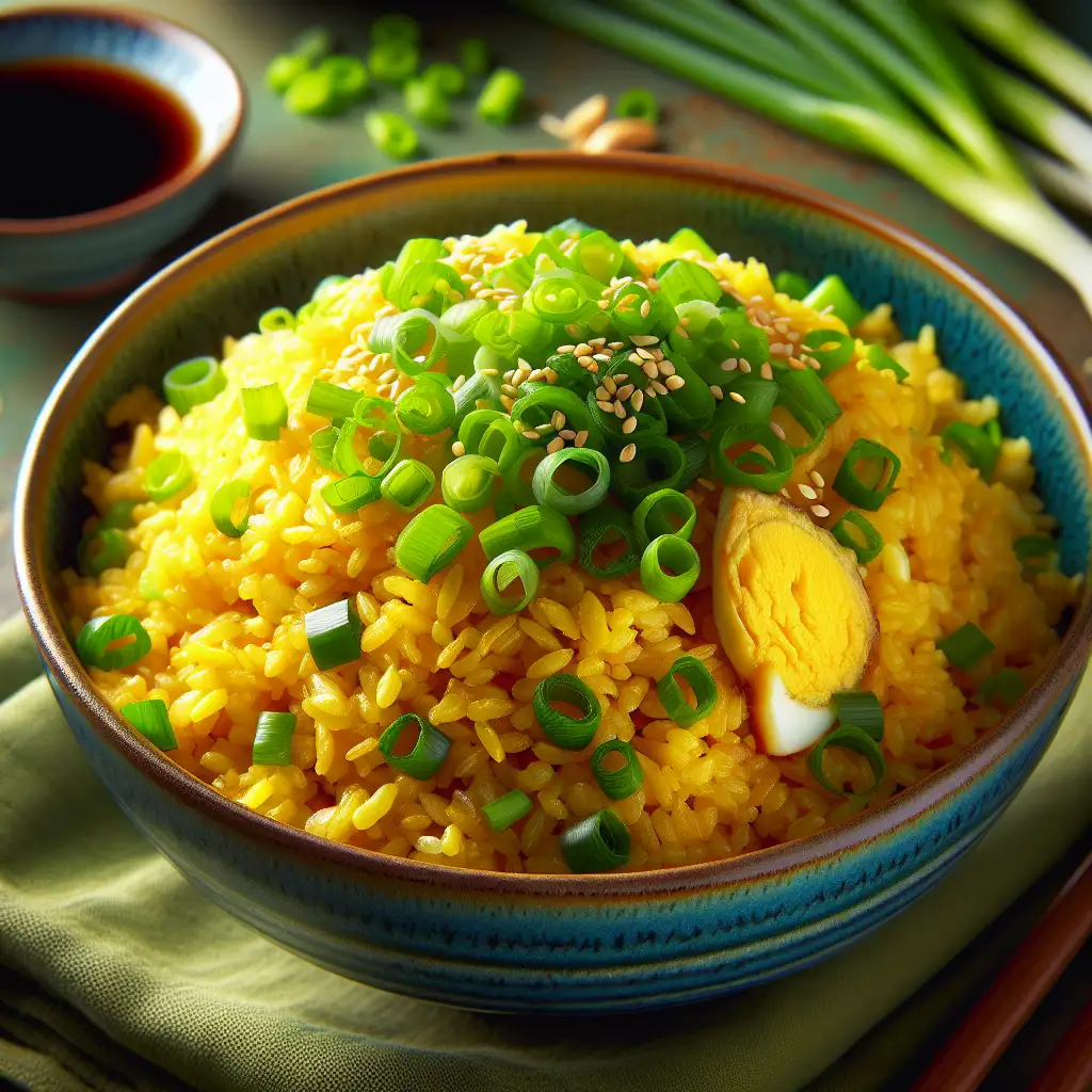 A colorful bowl of steaming egg fried rice, garnished with chopped green onions and sesame seeds, served with a side of soy sauce.