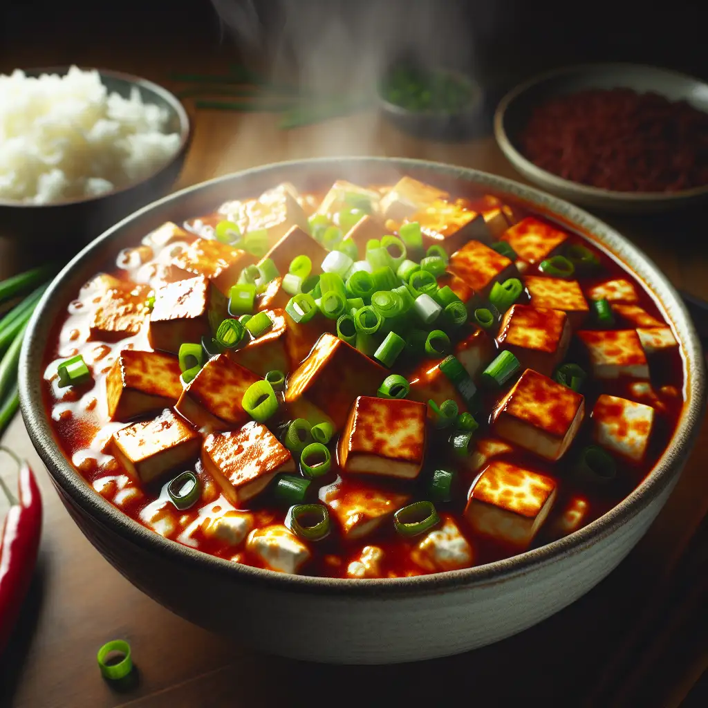 A steaming bowl of Mapo Tofu topped with vibrant green scallions and surrounded by fluffy white rice.