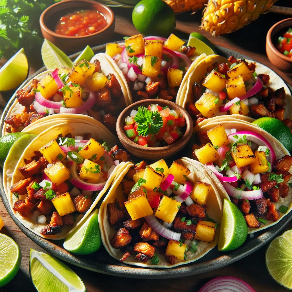 A colorful plate with freshly grilled tacos al pastor topped with pineapple chunks, cilantro, and onions, with a side of lime wedges and salsa.