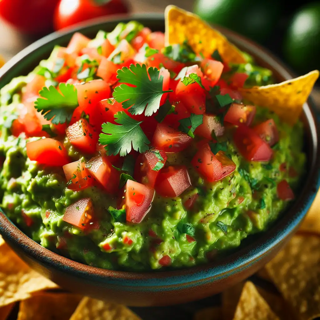 A vibrant bowl of freshly made guacamole topped with diced tomatoes, cilantro, and a sprinkle of lime juice, surrounded by tortilla chips.