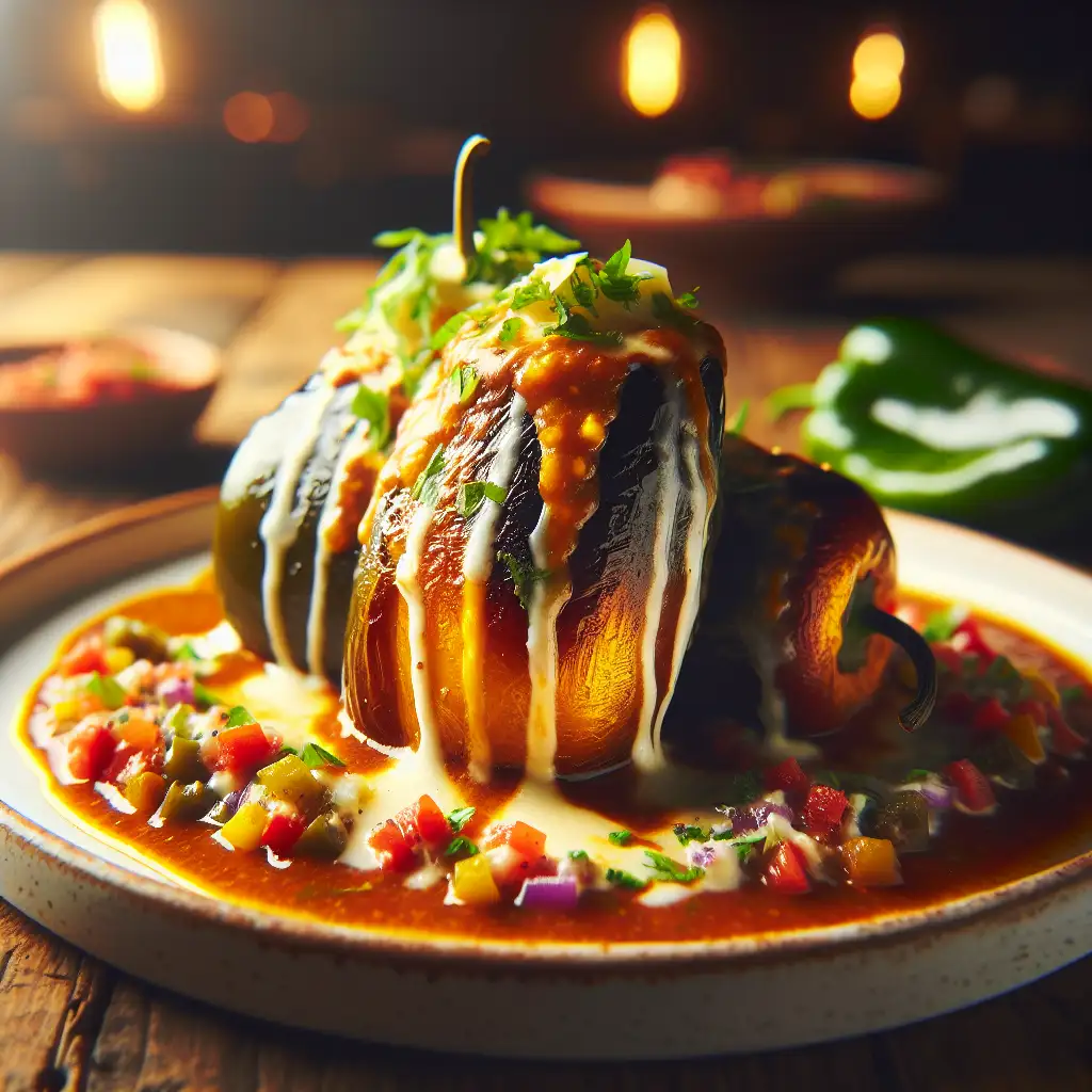 A beautifully plated dish of golden brown chiles rellenos topped with a drizzle of melted cheese and surrounded by a colorful salsa and a sprinkle of fresh herbs.