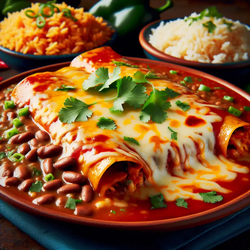 A colorful plate of enchiladas topped with melted cheese, sauce, and fresh cilantro, served with a side of rice and beans.