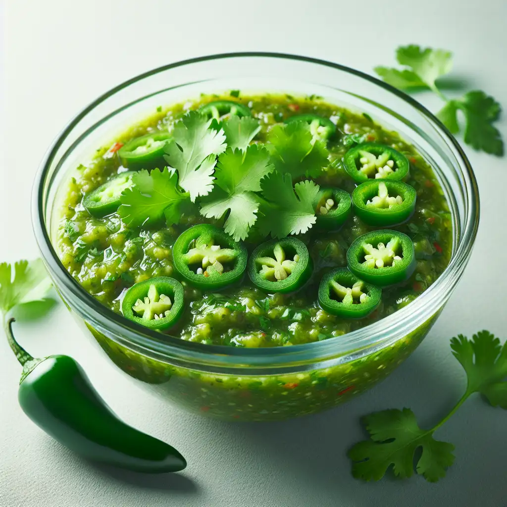 A vibrant green salsa in a glass bowl, garnished with fresh cilantro leaves and sliced jalapeños.