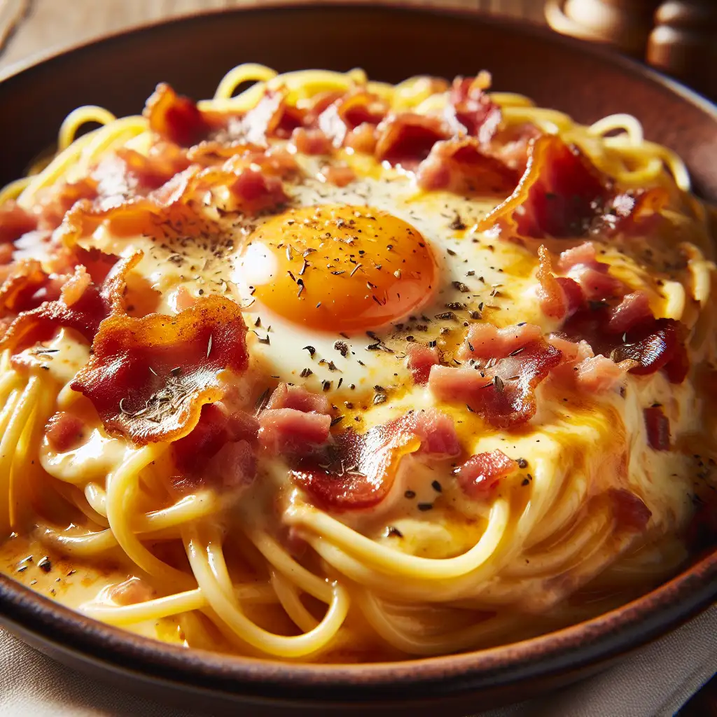 A steaming plate of spaghetti coated in a creamy egg and cheese sauce, with crispy pancetta scattered on top, all sprinkled with freshly cracked black pepper.