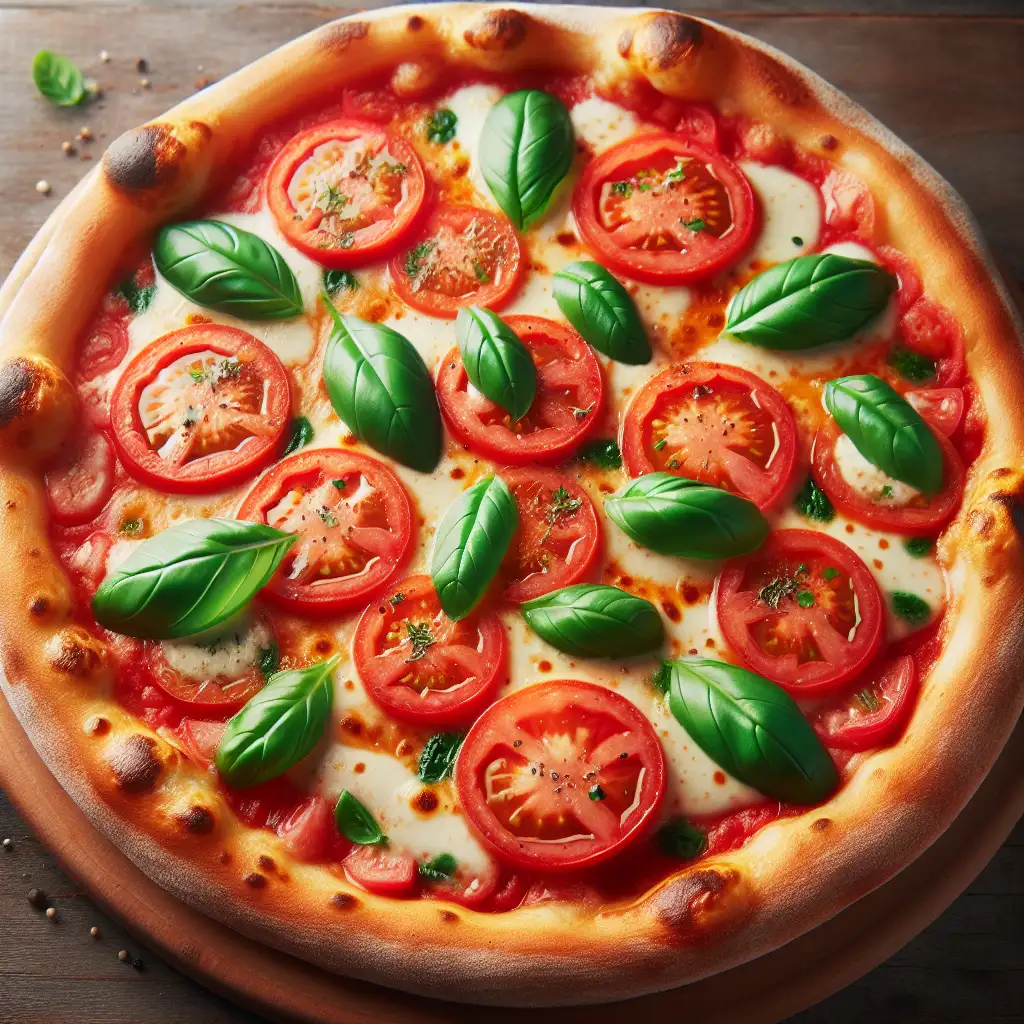 A delicious Margherita pizza topped with fresh tomatoes, basil, and melted mozzarella cheese on a golden crust.