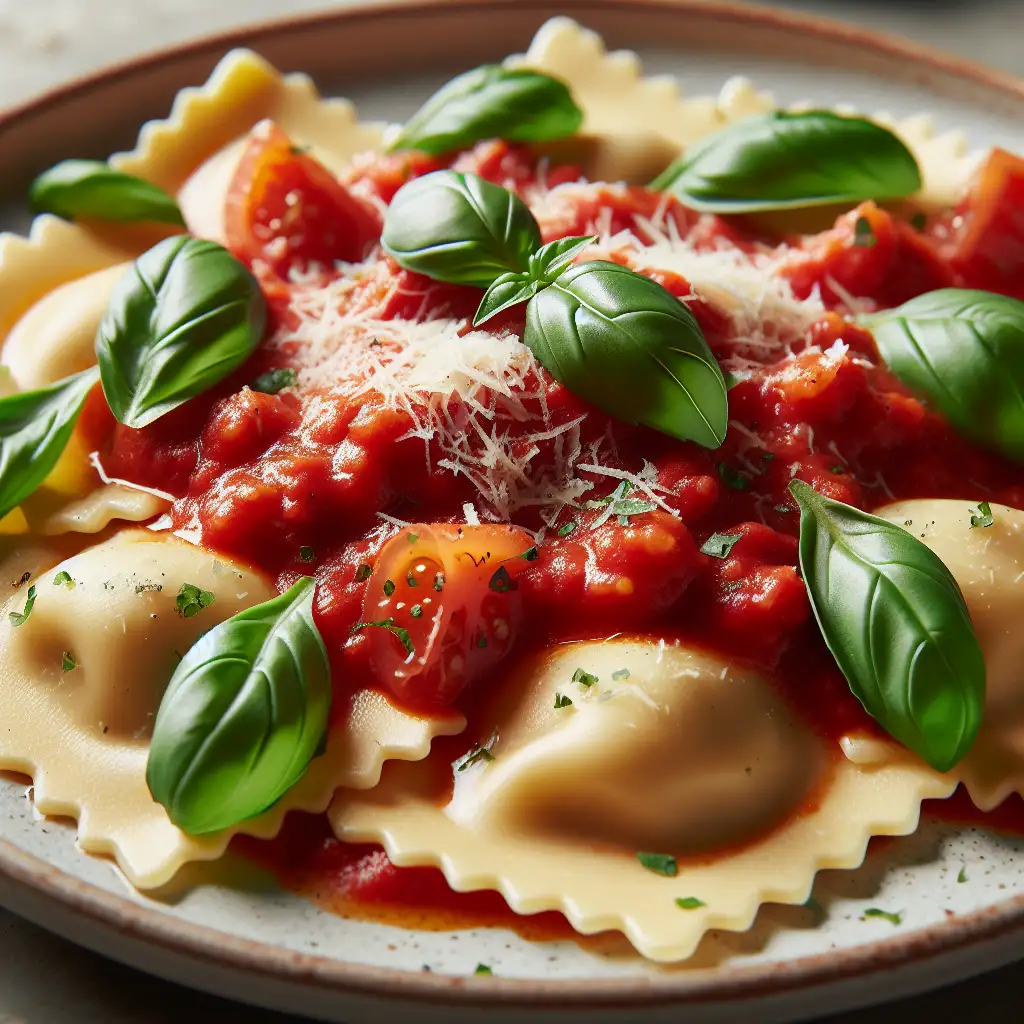 A plate of freshly cooked ravioli topped with rich and flavorful tomato sauce, sprinkled with grated parmesan cheese and fresh basil leaves.