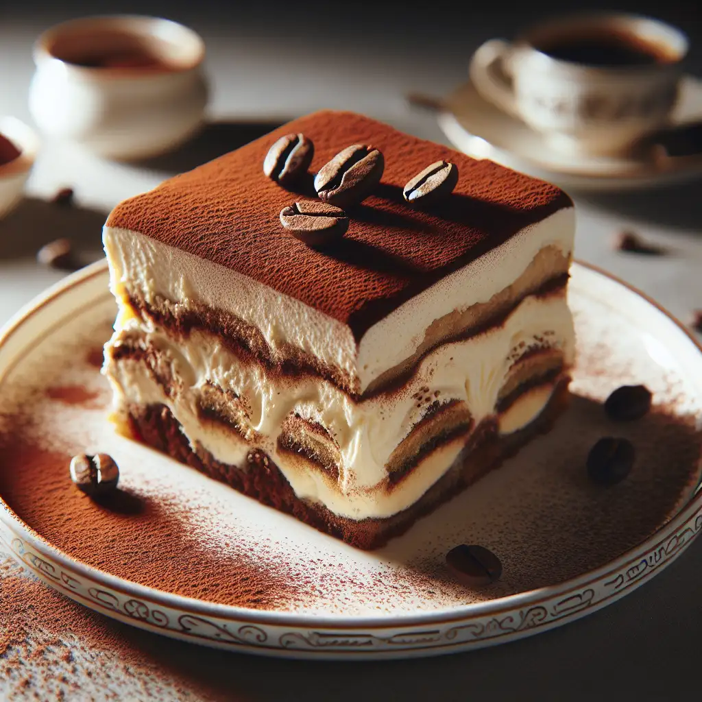 A delicious slice of tiramisu on a elegant plate, topped with cocoa powder and coffee beans.