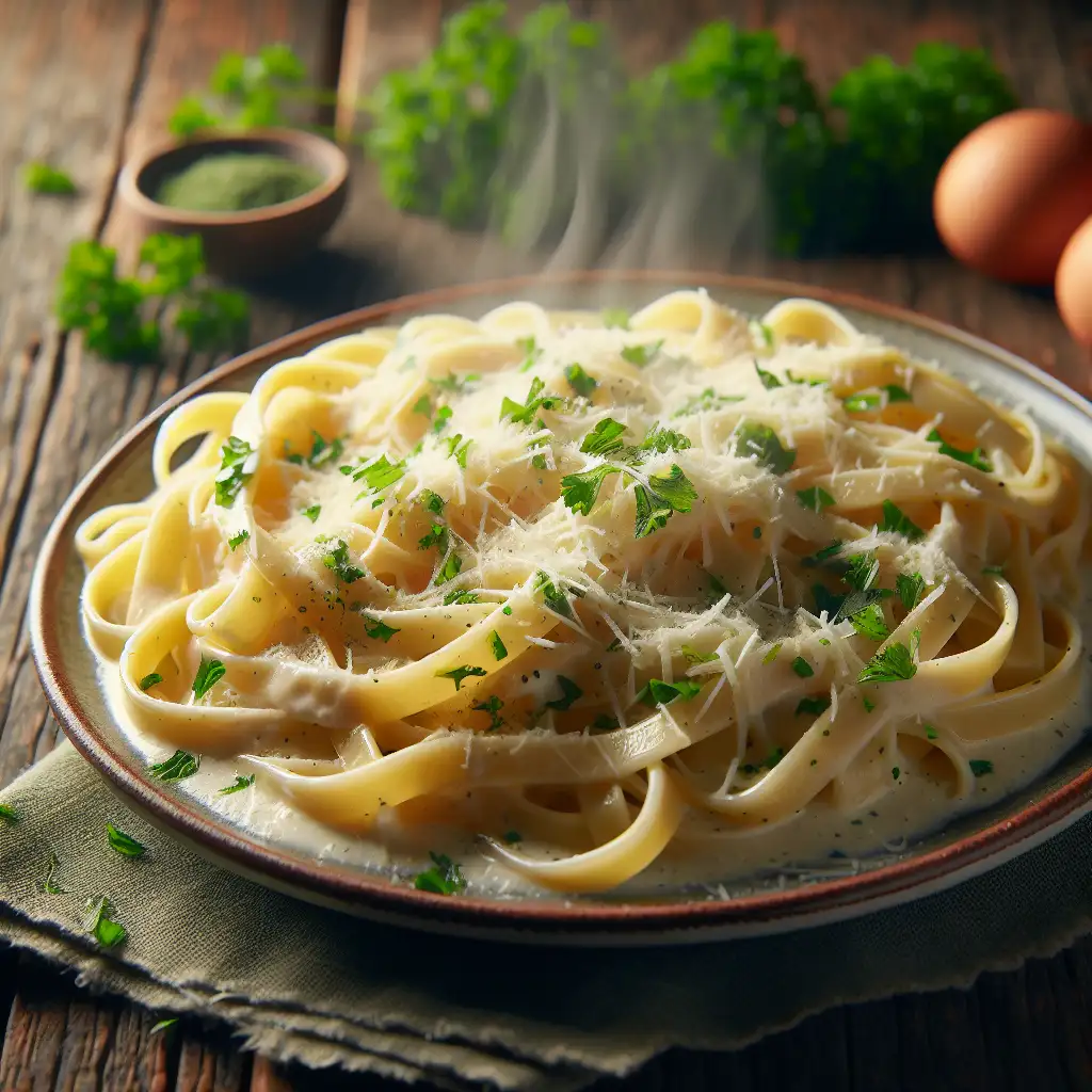 A steaming plate of fettuccine pasta coated in a creamy, indulgent Alfredo sauce, topped with freshly grated Parmesan cheese and chopped parsley.