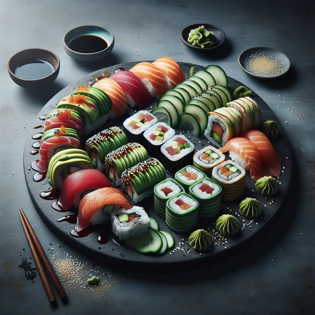 A beautifully arranged plate of sushi rolls with colorful ingredients like fresh fish, avocado, cucumber, and sesame seeds, served with soy sauce and wasabi on the side.