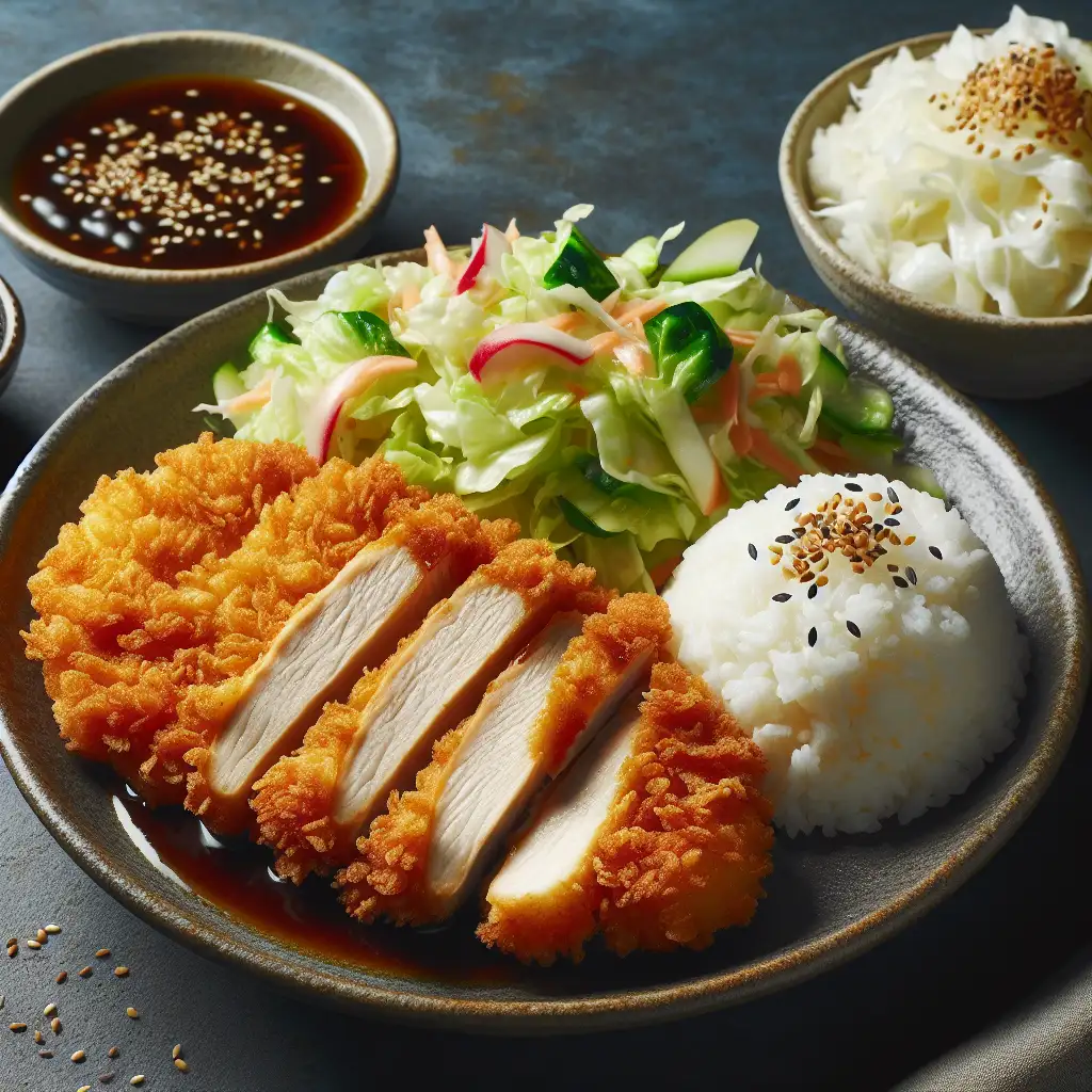 A golden, crispy chicken cutlet served with a side of cabbage salad and white rice, garnished with sesame seeds and served with a side of tonkatsu sauce.