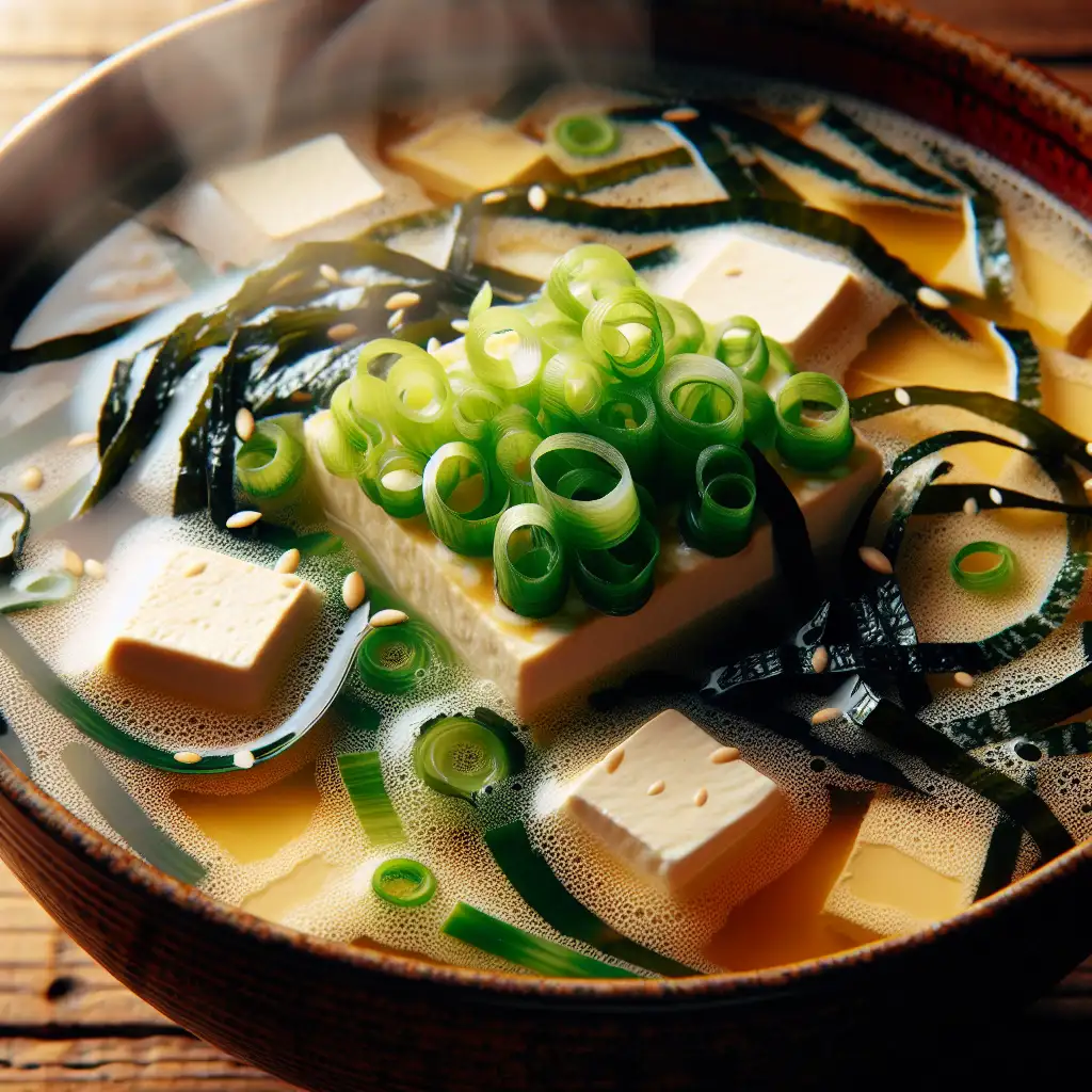 A steaming bowl of miso soup topped with sliced green onions, tofu cubes, seaweed, and sesame seeds.