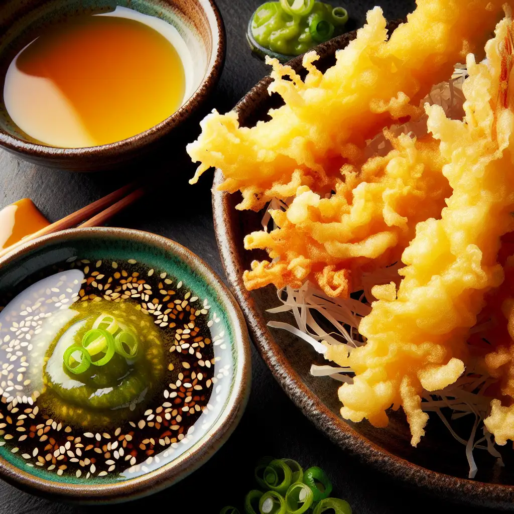 A beautiful platter of golden and crispy tempura served with a side of dipping sauce, garnished with sesame seeds and chopped green onions.