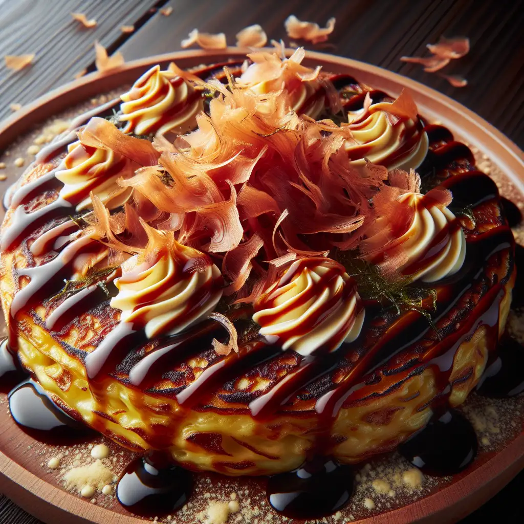 A savory Japanese pancake topped with a generous drizzle of okonomiyaki sauce, mayonnaise, and sprinkled with bonito flakes and seaweed flakes.