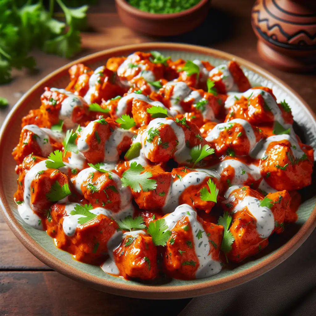 A plate filled with vibrant orange chicken tikka pieces, drizzled with creamy sauce, and garnished with fresh cilantro leaves.