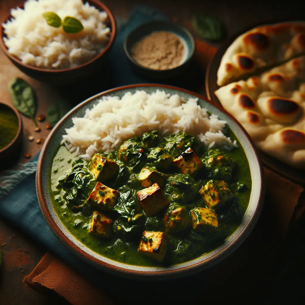 A flavorful and aromatic plate of creamy spinach and paneer curry served with a side of fluffy rice and warm naan bread.