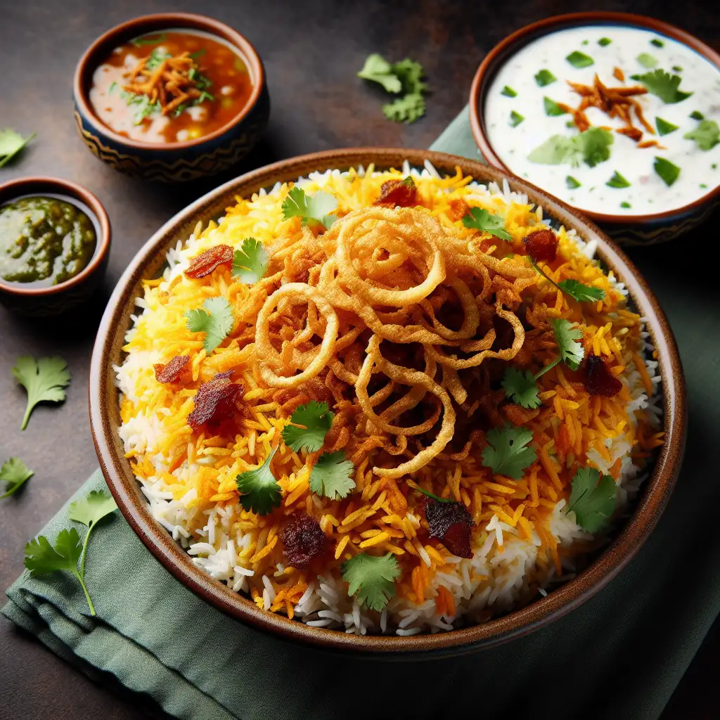 A colorful and aromatic plate of Biryani topped with crispy fried onions and fresh coriander leaves, served with raita and mango chutney.