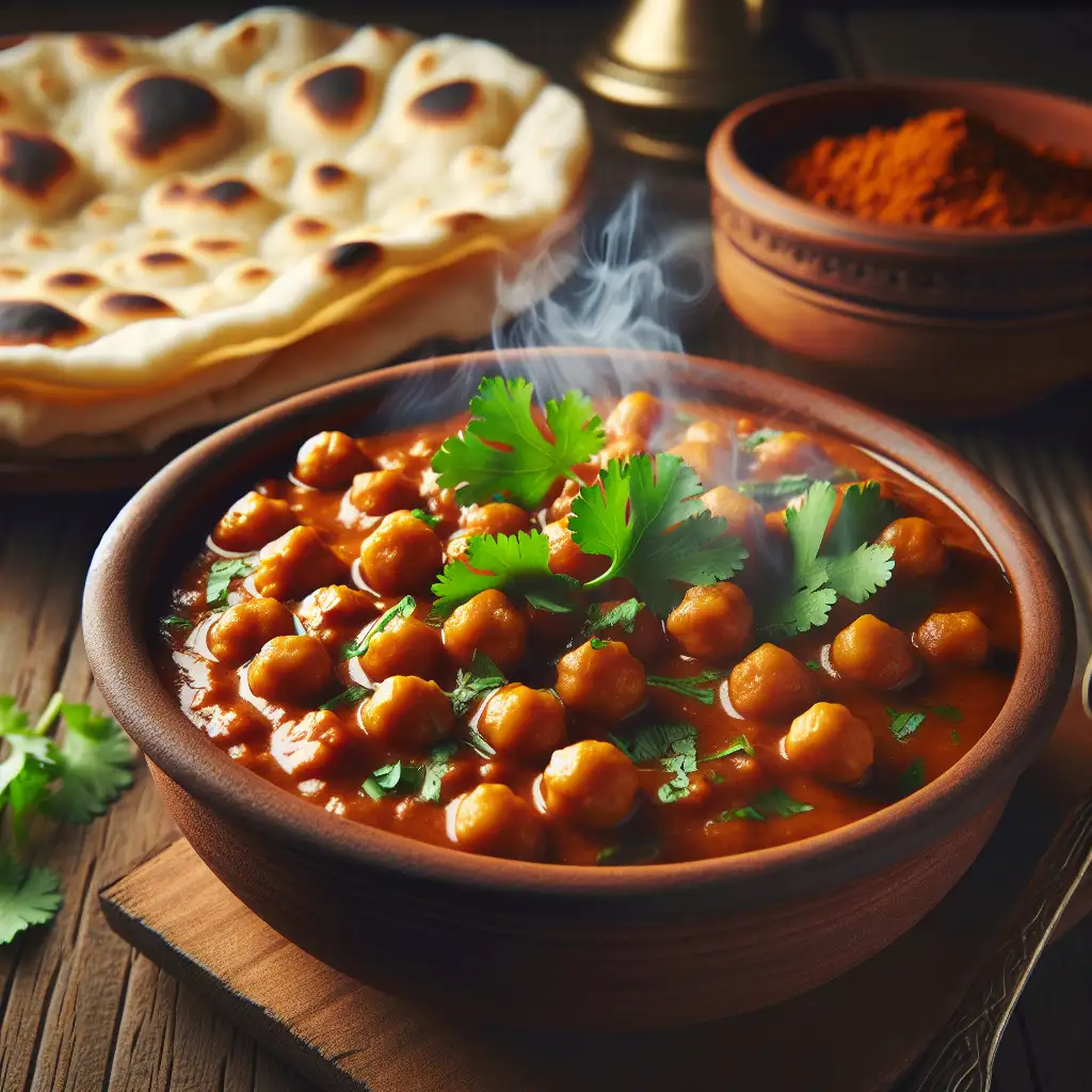 A steaming bowl of Chana Masala garnished with fresh cilantro leaves, with piping hot fluffy naan bread on the side.