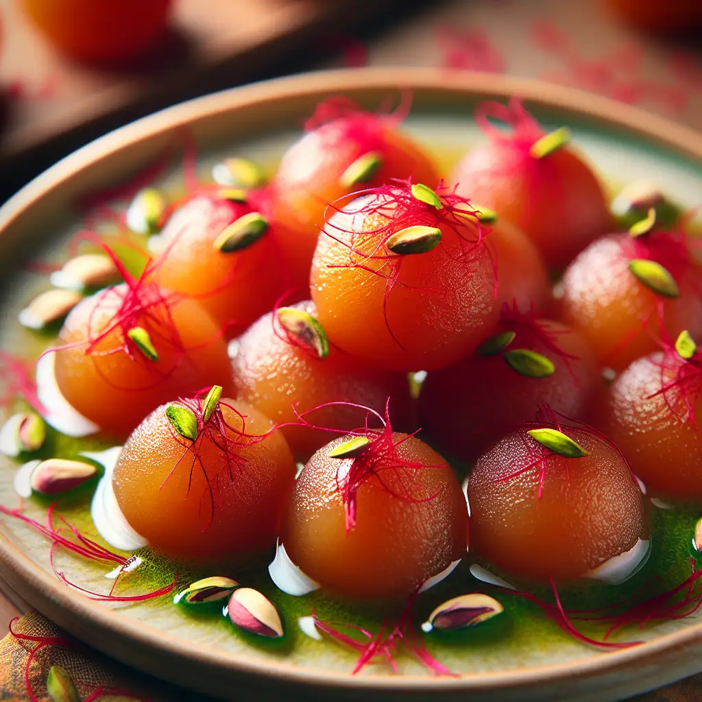 A beautiful plate of Gulab Jamun topped with saffron strands and chopped pistachios, drizzled with sugar syrup.